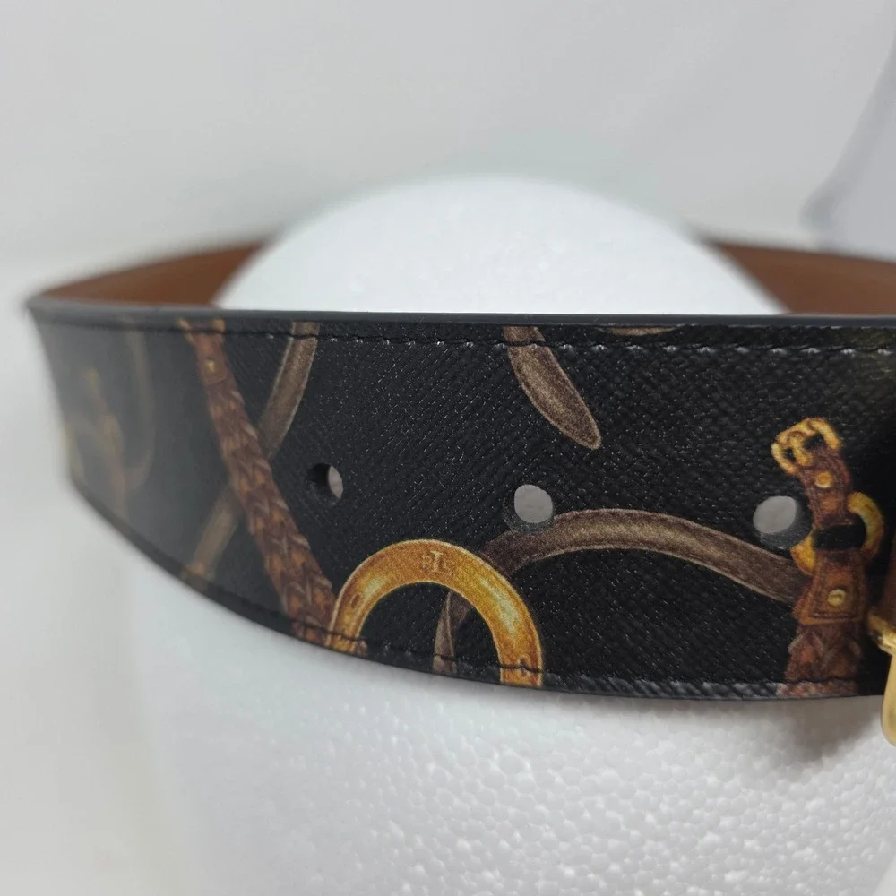 Lauren Ralph Lauren Belt M Equestrian Stirrup Print Manmade Gold Buckle Black